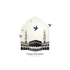 Ramadan Kareem greeting card with Kaaba vector and minarets on Islamic shape design for hajj and Eid Adha Mubarak, Isra'a and Mi'raj