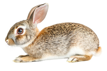 Obraz premium Rabbit is laying down on a white background