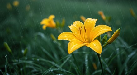 A golden-yellow lily kissed by dew, exuding charm in a lush natural landscape under rainy skies.
