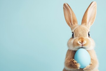 Rabbit is holding a blue egg in its mouth