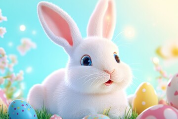 Cartoon rabbit is laying in a field of Easter eggs