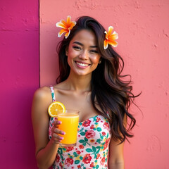 Summer vibes. Glamorous woman laughing and having lemonade. Pink background. Square frame.