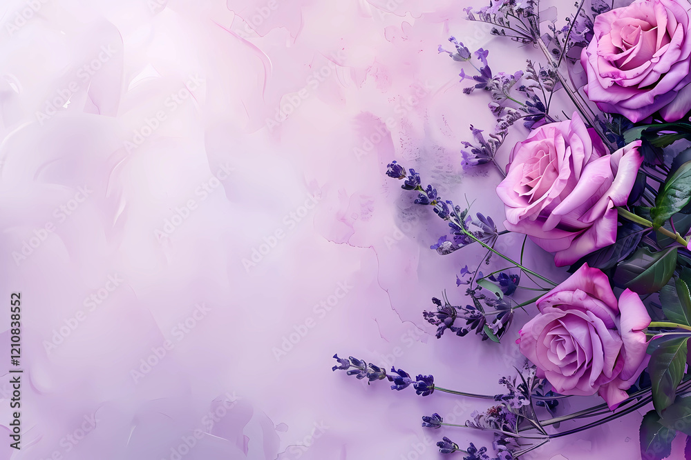 Aufkleber On the left is a watercolor image of a wedding bouquet of purple roses and lavender on a soft purple background with free space on the right for inserting text 