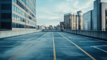 Obraz premium Empty city rooftop parking lot, cityscape background