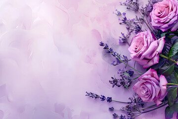 On the left is a watercolor image of a wedding bouquet of purple roses and lavender on a soft purple background with free space on the right for inserting text 