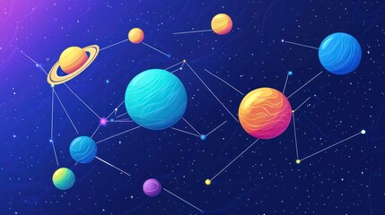 Fototapeta premium Colorful cartoon planets connected by lines in outer space.