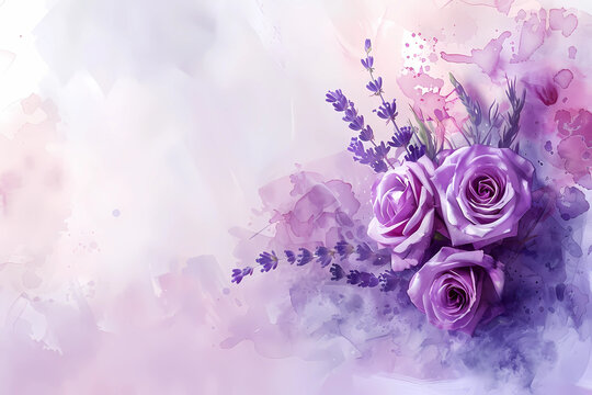 watercolor image of a wedding bouquet of purple roses and lavender on a soft purple background with free space on the right for inserting text