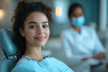 Fototapeta premium Patient smiles confidently while sitting in the dentist chair for an exam. Generative AI