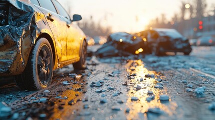 Car accident on a busy city street during sunset, highlighting damaged vehicles and scattered debris