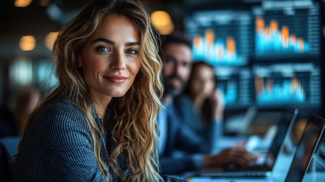 Professionals engage in dynamic business meeting focused on financial analysis in a modern office with digital displays