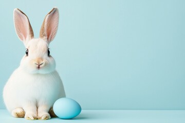 Fototapeta premium White rabbit is sitting on a blue surface with a blue egg in front of it