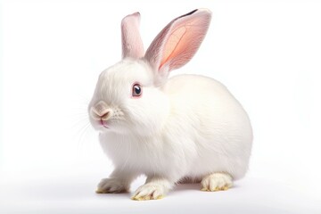 Obraz premium White rabbit with pink eyes is standing on a white background