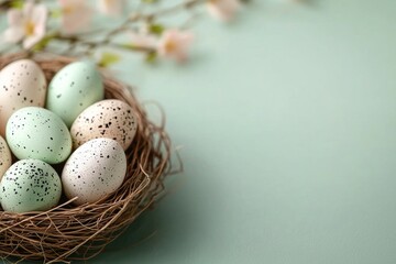 Fototapeta premium Nest of eggs with a green and white egg in the middle