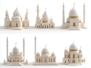 Obraz premium Icônes de mosquées en 3D sur fond blanc