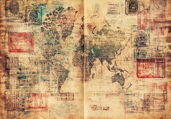 Obraz premium Passport visas stamps on sepia textured vintage travel