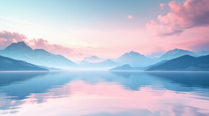 Obraz premium 3d render, abstract landscape background. Panoramic scenery. Seascape with calm water and mountains under the pink blue sky, fantasy wallpaper