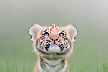 Obraz premium Tiger Cub in Grass, Upward Gaze