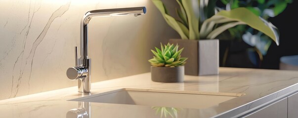 A modern kitchen with a sleek ivory marble countertop and a matte white sink
