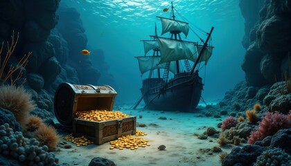 Fototapeta premium Sunken pirate ship rests on ocean floor. Treasure chest filled gold coins sits near. Underwater scene aquatic life, marine creatures. Coral reefs surround wreck, riches. Adventure, discovery theme.