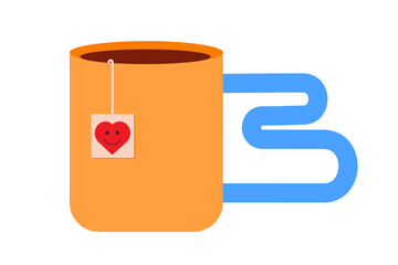 Cute tea mug with smiling heart teabag in minimal vector style. Orange cup with blue handle and red heart design. Cozy drink illustration perfect for cafe branding and Valentine's Day. PNG format