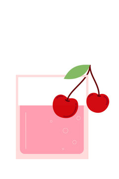 Pink cherry cocktail illustration in minimalist style. Fresh summer drink with red cherries and green leaf garnish. Modern vector beverage design on white background. Cute drink icon in flat design