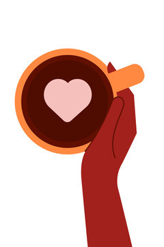 Coffee cup with heart latte art held by brown hand, minimalist vector illustration. Modern winter beverage concept. Cozy romantic cafe design in flat style on white background. Vertical layout