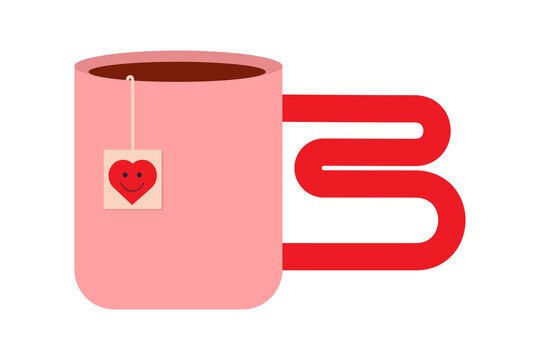 Cute tea mug with smiling heart teabag in minimal vector style. Pink cup with red, fun handle and red heart. Cozy drink illustration perfect for drink, romance and Valentine's Day design. PNG format