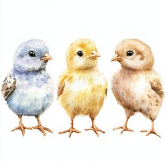 Naklejka premium Three charming watercolor chicks in soft pastel colors sit together against a white background, highlighting their intricate textures and playful expressions