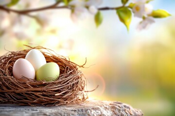 Obraz premium Nest of three eggs sits on a rock