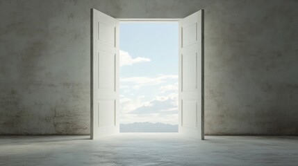 Open door reveals a bright, sunny sky and distant mountains.