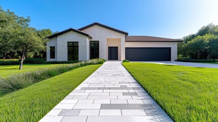 Fototapeta premium Modern house, landscaped yard, sunny day, suburban setting, real estate