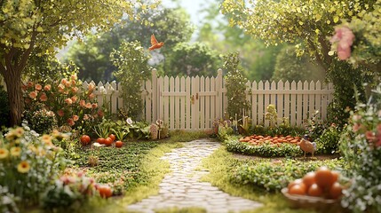 Obraz premium A Sunny Garden Path Leads To White Gate