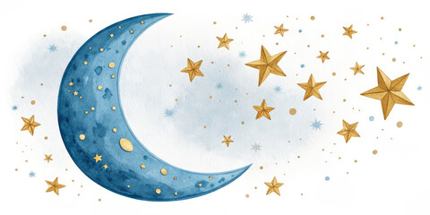 Naklejka premium Watercolor Crescent Moon With Golden Stars On White Background, Perfect For Celestial-Themed Art, Holidays, Astronomy Projects, Or Home Decor Concepts.