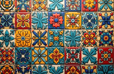 Colorful ceramic tiles create decorative surface. Intricate floral, geometric patterns arranged in grid pattern. Vivid colors like blue yellow orange red, brown combined with white grout make