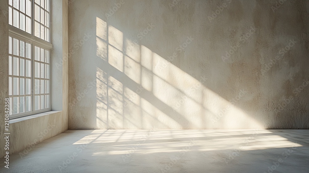 Aufkleber Sunlit empty room with large window and textured wall.