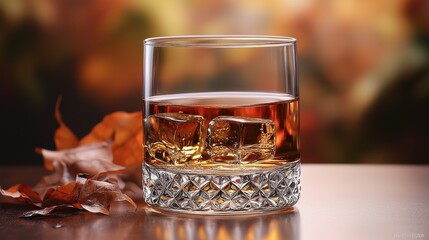 Enjoying a glass of whiskey with ice on a wooden table among fallen autumn leaves