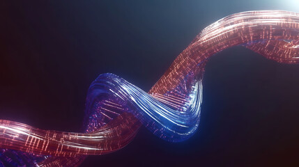 Abstract glowing double helix DNA strand.  Vibrant red and blue digital rendering. Perfect for science, technology, genetics, and medical concepts.