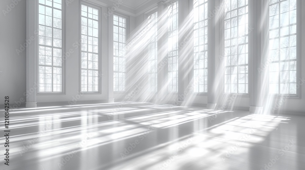 Aufkleber Sunlight streams through large windows in a bright, spacious white room.