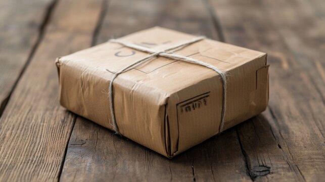 Rustic wrapped package on wooden surface.
