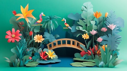 Paper art depicting a vibrant tropical scene with birds and a bridge