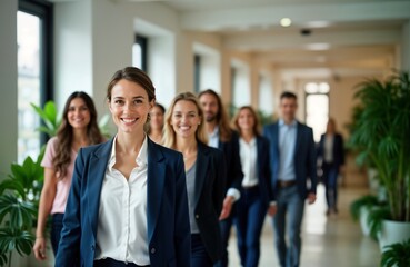 Group of joyful business professionals walk in office hallway. Smiling women, men in suits. Successful team moving forward together in business environment. Positive vibes, teamwork. Modern office