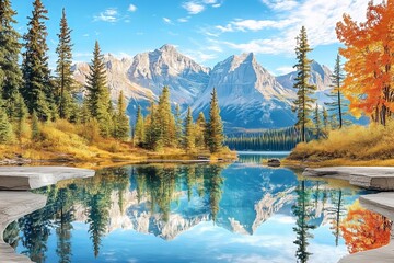 Autumn forest reflected in water. Colorful autumn morning in the mountains. Colourful autumn morning in mountain lake. Colorful autumn landscape. Autumn in Canada