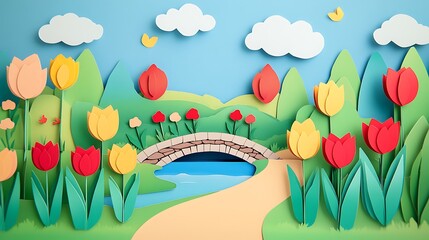 Paper Art Depicts Springtime Landscape With Tulips and Bridge