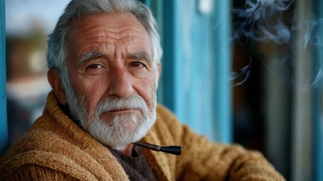 Elderly man smoking pipe and relaxing outdoors in calm reflection
