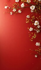 Festive Red Background with Gold and White Plum Blossom Decor