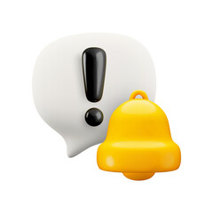 Fototapeta premium Vector cartoon 3d attention message notification icon. Cute realistic render of white speech bubble with black exclamation mark and bell. Important message, warning sign, problem notice popup.