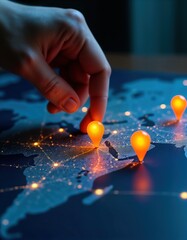 Hand highlights map locations. Expert selects key geographic areas. Digital map shows global connections. Global marketing strategy. Tech specialist plans online business growth. Data-driven