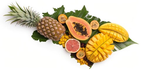 Tropical fruits displayed on green leaves showcasing vibrant colors and textures in a modern arrangement