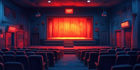 Theater Stage Illuminated in Red Light with Ambient Seating in a Dimly Lit Room, Captures the Intimate Atmosphere of a Dramatic Performance Setting