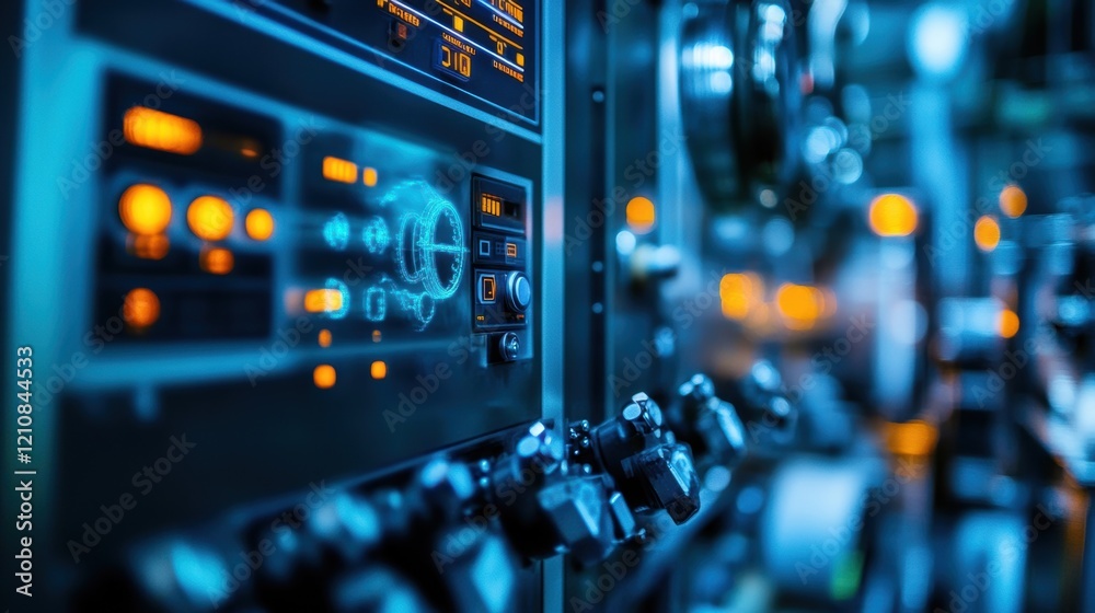 Poster futuristic control panel showing a rotating 3d image and data analysis. possibly related to engine o
